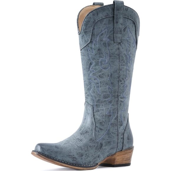 🆕Women Brown Mid Calf Fashion Cowgirl Boots with Embroidery Western Snip Toe - Picture 2 of 6